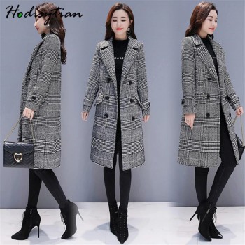 Hodisytian Winter Women Wool Blends Plaid Trench Coat Elegant Outerwear Casual Loose Thick Cardigan Female Cashmere Overcoat 3XL
